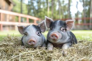 Two cute little pigs sitting on hay in a barn photo