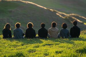 A group of people sitting in a field photo