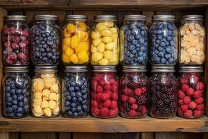 A shelf filled with jars of fruit and berries photo