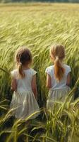 Two little girls standing in a field of wheat photo