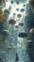A woman is walking through a city with umbrellas photo