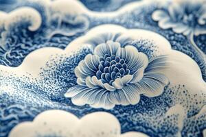 A close up of a blue and white flower pattern photo