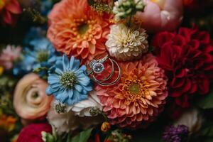 Elegant wedding rings resting on vibrant orange gerbera daisies with blue and white flowers in the background photo