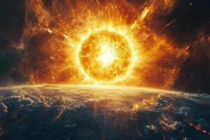 Solar flares erupting from the sun's surface, illuminating space in brilliant shades of orange and yellow photo