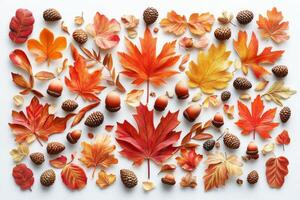 Autumn leaves arranged in a circle on a white background photo