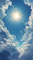 An anime style illustration of the sun shining through clouds photo