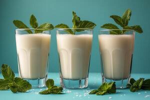 Refreshing mint yogurt drinks served in clear glasses on a blue background photo