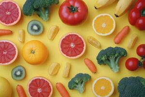 Colorful arrangement of fresh fruits and vegetables on yellow background showcasing healthy eating photo