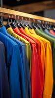 Colorful shirts hanging on a rack in a clothing store photo