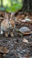 A small rabbit and a turtle standing on the ground photo