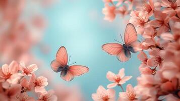 Delicate butterflies flutter among blooming cherry blossoms in a serene spring garden photo