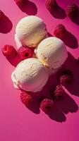 Delicious raspberry ice cream served with fresh berries on a pastel background photo