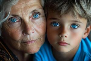 An older woman and a young boy with blue eyes photo