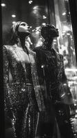 A mannequin in a shiny suit in a window photo