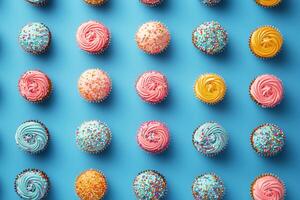 Many colorful cupcakes on a blue background photo