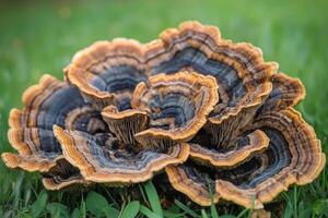 A close up of a mushroom on the grass photo