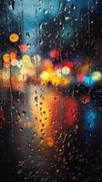 Rainy night view of city lights through a window with raindrops photo