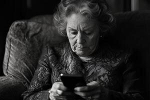 An older woman sitting on a couch looking at her phone photo