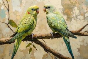 A painting of two parrots sitting on a branch photo