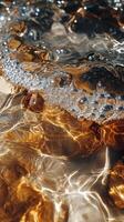 A close up of a brown and yellow object in water photo