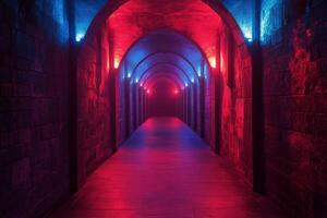 A long tunnel with red and blue lights photo