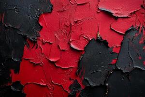 A red and black painted wall with peeling paint photo