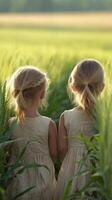 Two little girls standing in a field of green grass photo