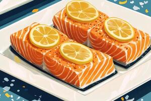 Two pieces of salmon with lemon slices on them photo