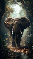 An elephant walking through a forest with leaves on the ground photo