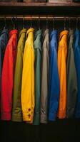 A row of colorful jackets hanging on a rack photo