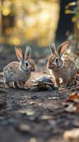 Two rabbits are standing next to a turtle photo