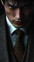 Stylish man in a tailored suit with intense expression captured in low light photo