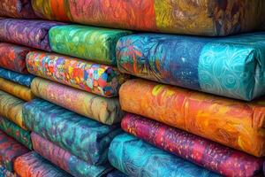 A stack of colorful blankets photo