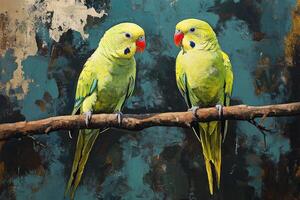Two parrots sitting on a branch photo
