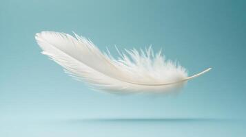 Soft white feather floating gracefully against a tranquil blue background in natural light photo