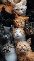 Cats of various breeds and colors cozying up in a pile during a relaxed afternoon at home photo