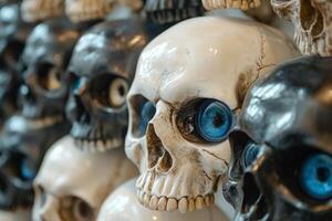 Decorative skulls with vivid blue eyes displayed in a creative arrangement at a local artisan market photo