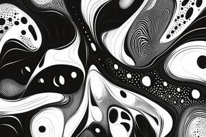 Intricate black and white abstract design featuring swirling patterns and dynamic shapes photo