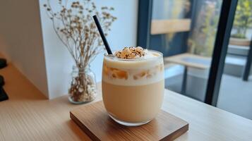 Creamy iced coffee topped with whipped cream and chocolate sprinkles in a cozy cafe setting photo