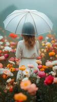 Woman with umbrella walking through blooming flower field in soft light during springtime photo