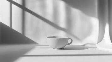 Minimalistic white cup placed on a bright surface with soft shadows and natural light in a serene setting photo