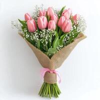 Beautiful pink tulip bouquet wrapped in burlap with delicate white flowers photo