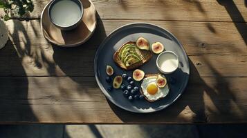 Healthy breakfast featuring eggs, figs, blueberries, and toast served with milk on a rustic wooden table photo