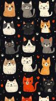 Cute cartoon cats pattern on dark background with playful expressions and colors photo