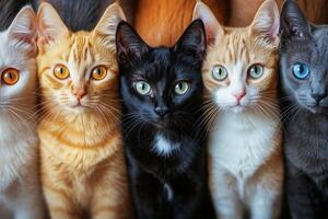 Colorful display of cats with striking eyes posing together in a close-up arrangement photo