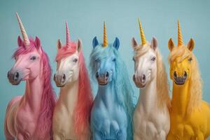 Colorful unicorn figurines stand against a pastel blue background, showcasing unique styles and expressions photo