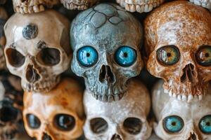 Colorful skulls with unique blue eyes displayed in an artistic arrangement in a gallery photo