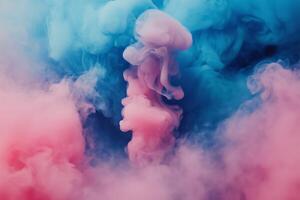 Colorful smoke swirls creating vibrant patterns in blue and pink hues in a dark setting photo