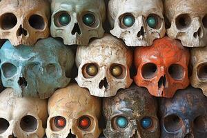 Unique collection of decorative skulls in various colors and textures displayed on a wall photo