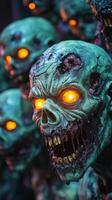 Creepy zombie figures with glowing eyes in a haunted display during Halloween festivities photo